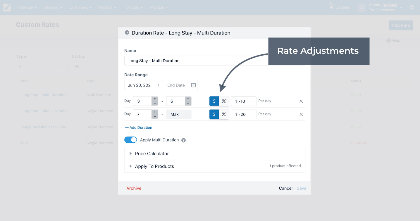 Duration rate settings for long stay multi duration showing discount adjustments of 10 dollars and 20 dollars per day.