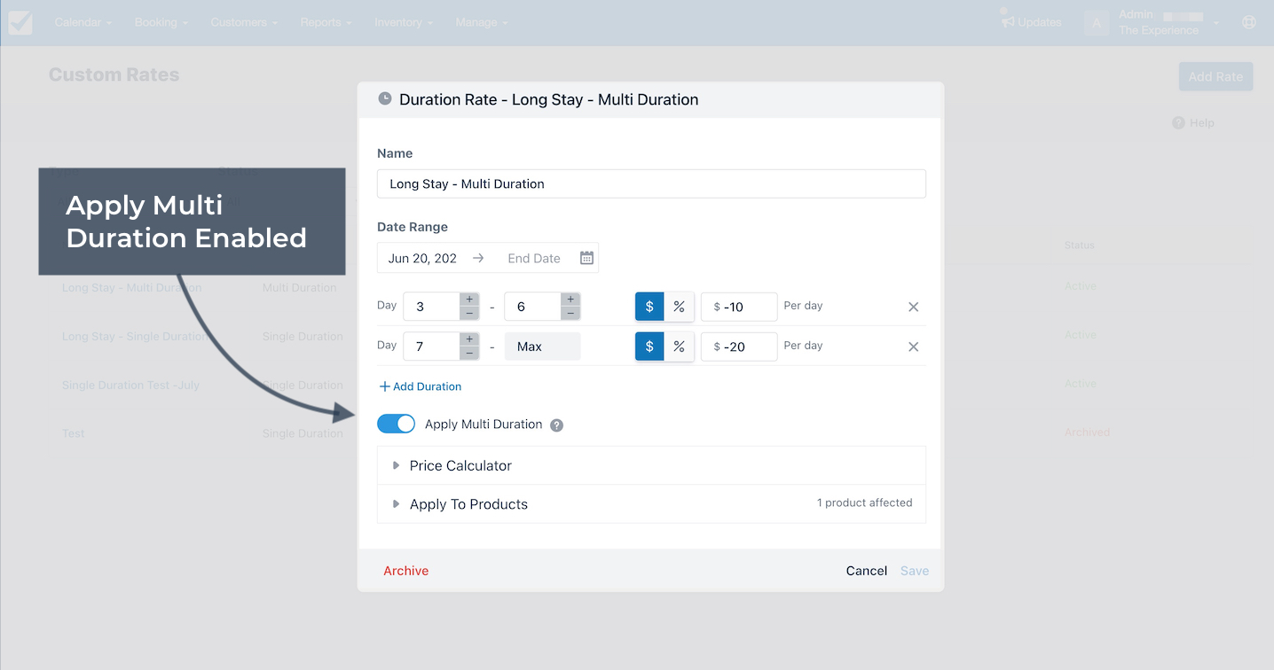 Duration rate settings with multi duration enabled for long stay showing discount fields and options.