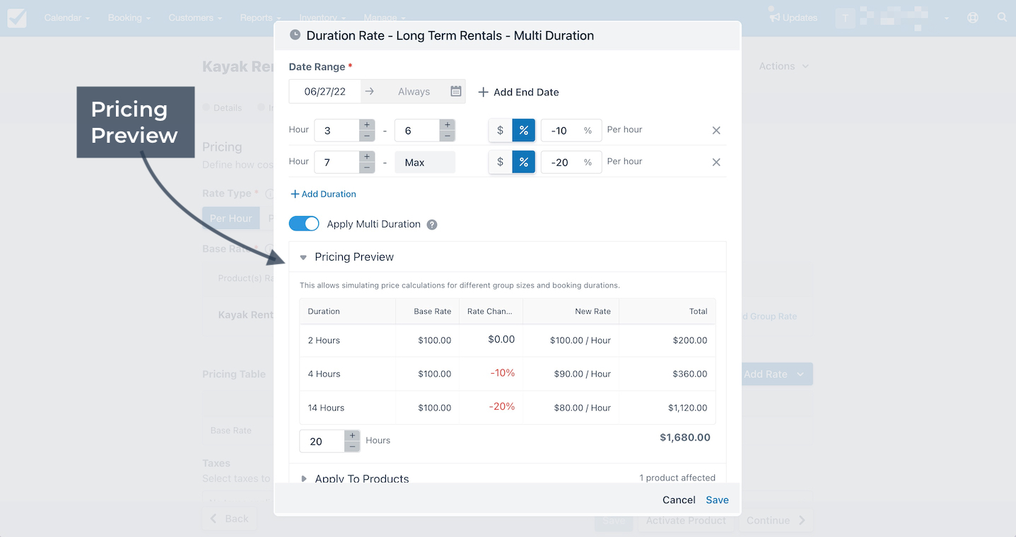 Custom rate settings screen with pricing preview section expanded showing multi duration rate calculations for different hourly durations.