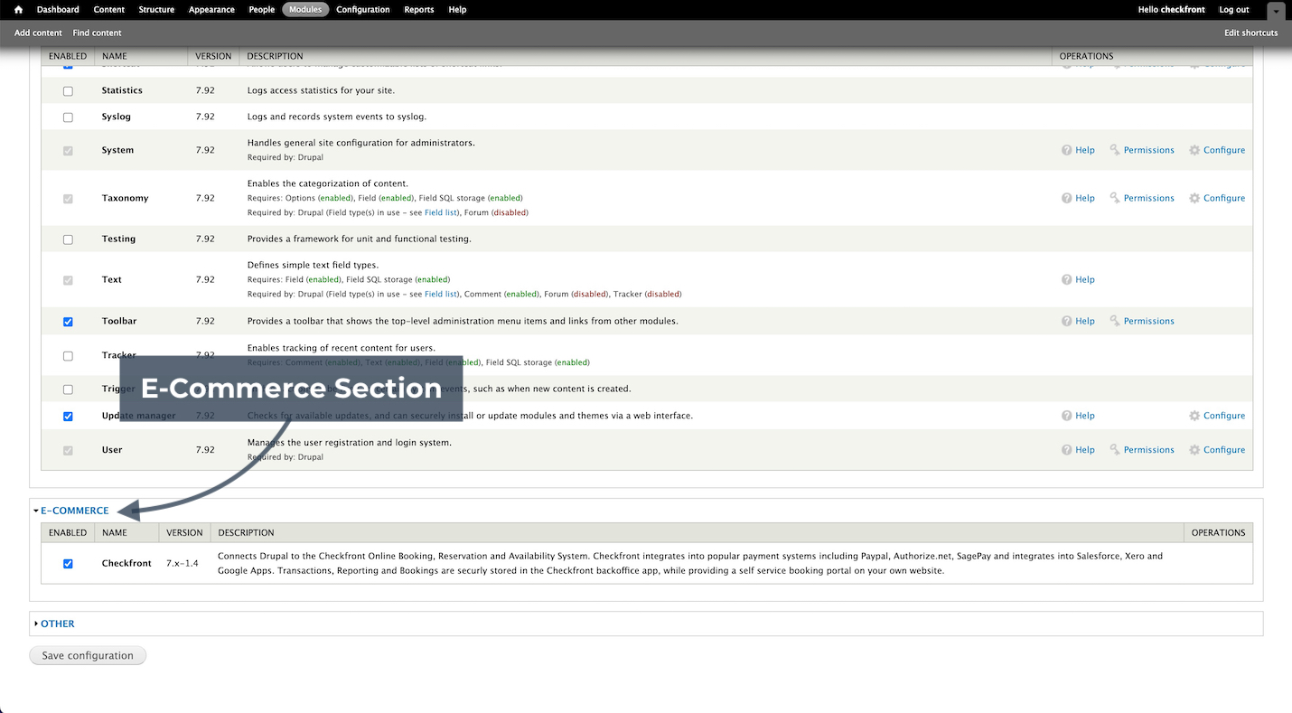 Drupal modules page with arrow pointing to the E-Commerce section showing the Checkfront plugin.