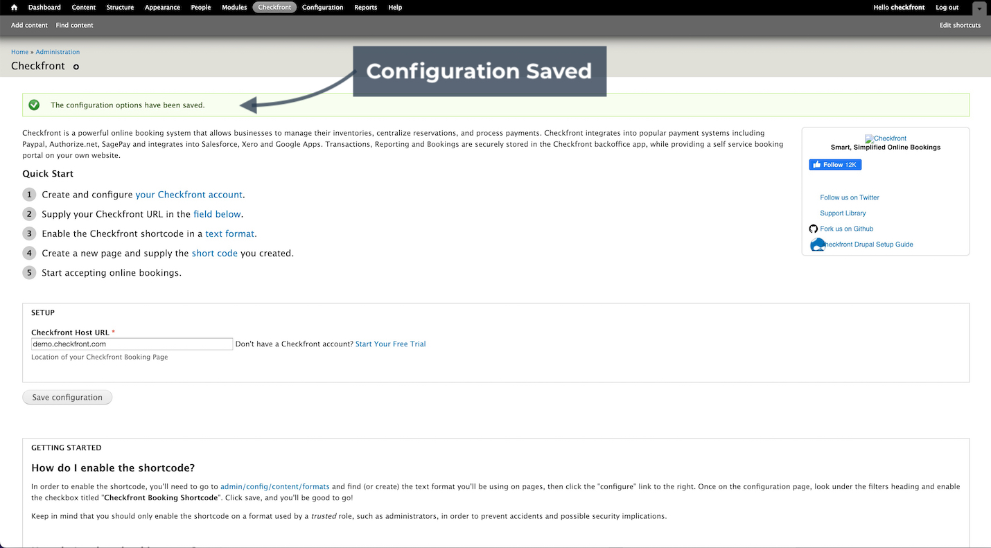 Checkfront setup page in Drupal showing a confirmation message with arrow pointing to Configuration Saved.