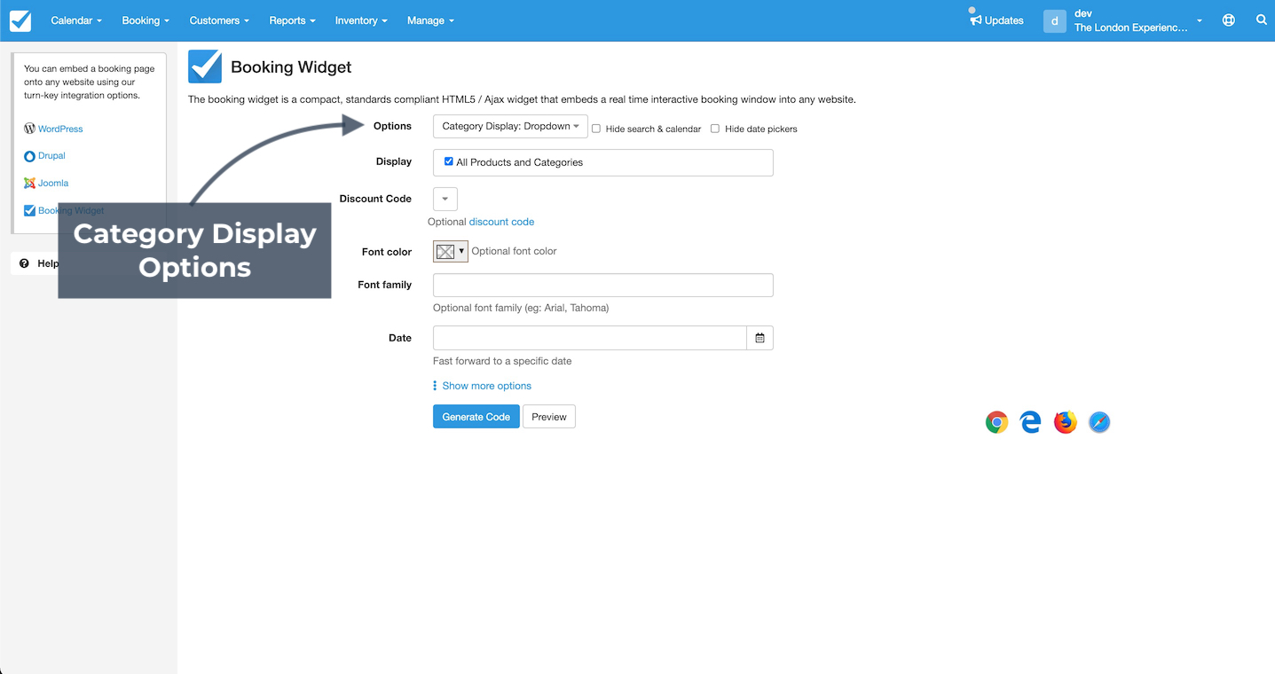 Booking widget setup screen highlighting category display options.