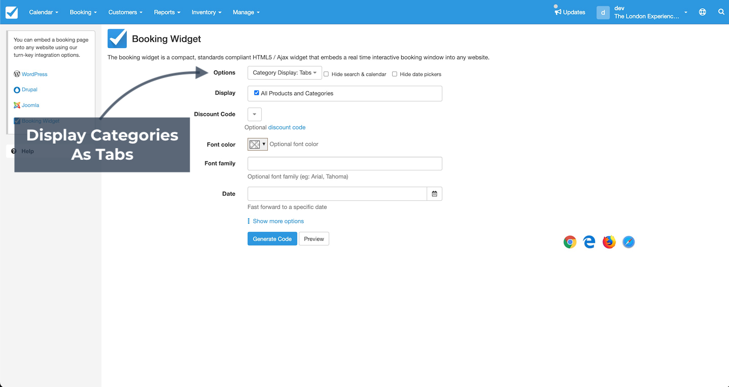 Booking widget setup screen highlighting display categories as tabs option.