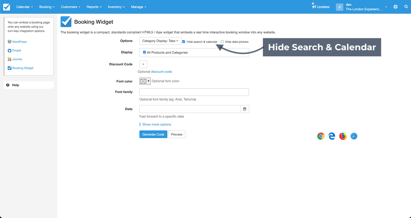 Booking widget settings page with an arrow highlighting the option to hide search and calendar.