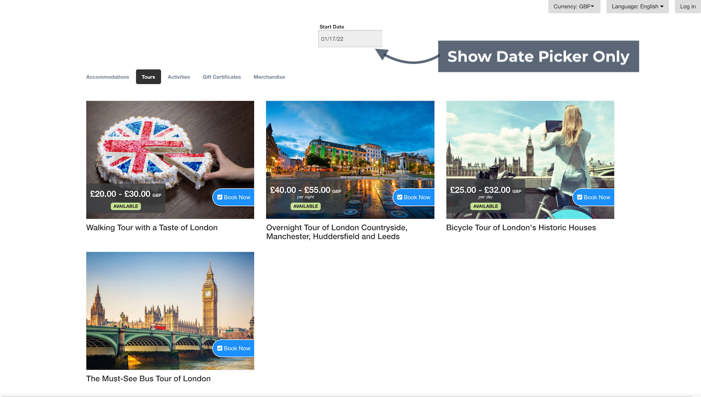 Booking page with an arrow pointing to the date picker option to display only the start date selector.