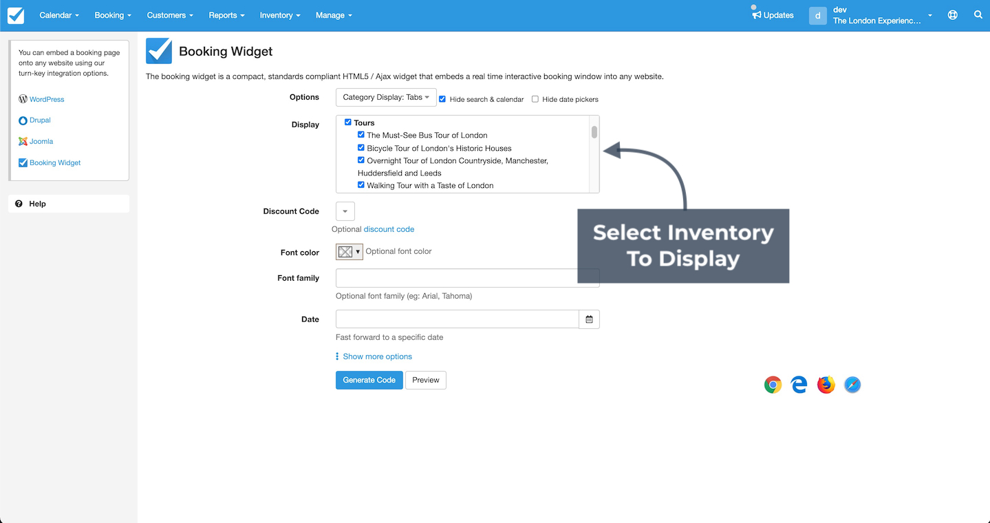 Booking widget settings page with an arrow pointing to the option to select which inventory items to display.