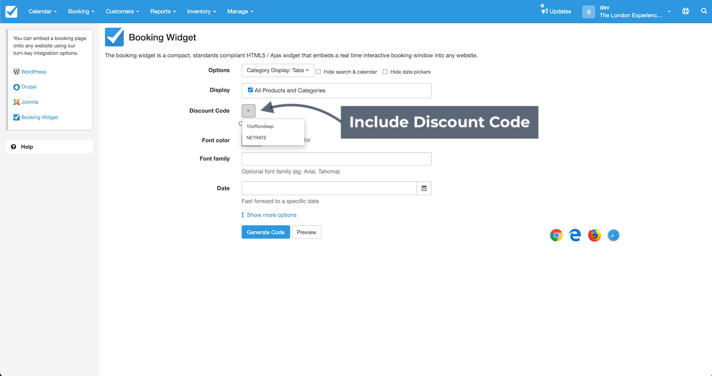 Booking widget setup screen highlighting the option to include a discount code.