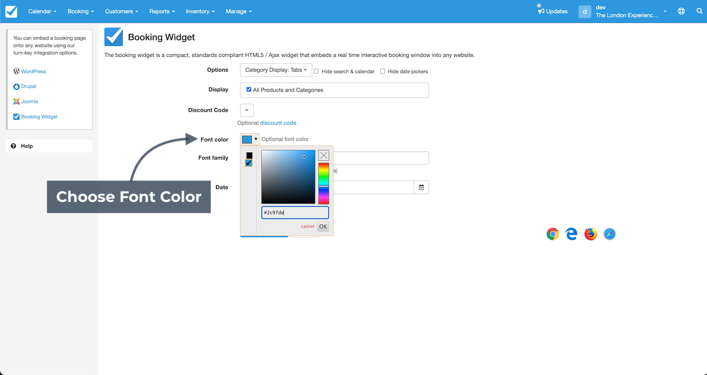 Booking widget settings page with an arrow pointing to the font color selector.