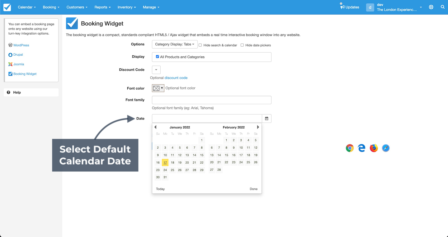 Booking widget setup screen highlighting selecting a default calendar date.