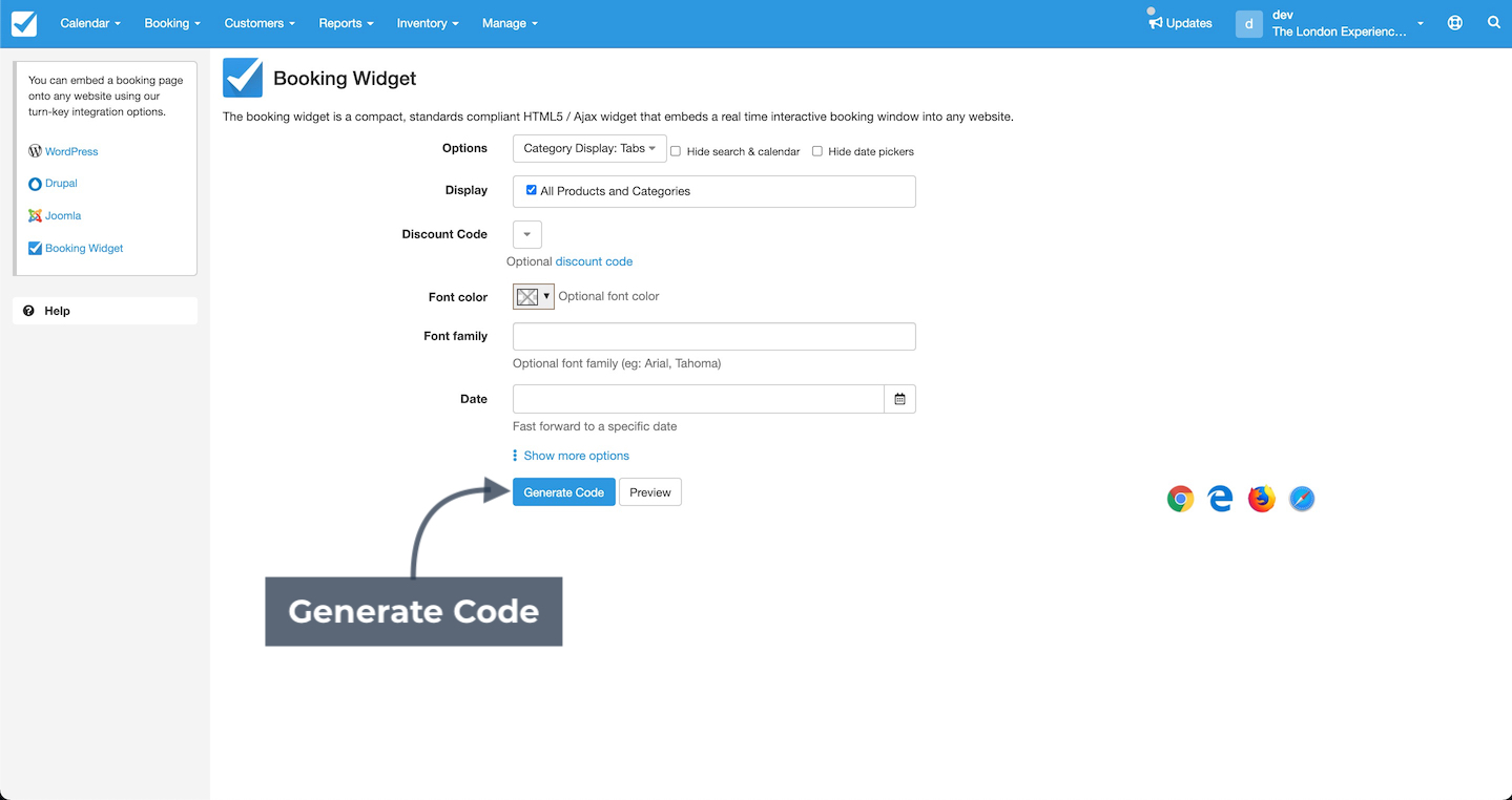 Booking widget setup screen highlighting the generate code button.