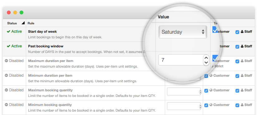 Rules configuration screen with a magnified view of the value column showing start day of week set to Saturday and past booking window set to 7 days.