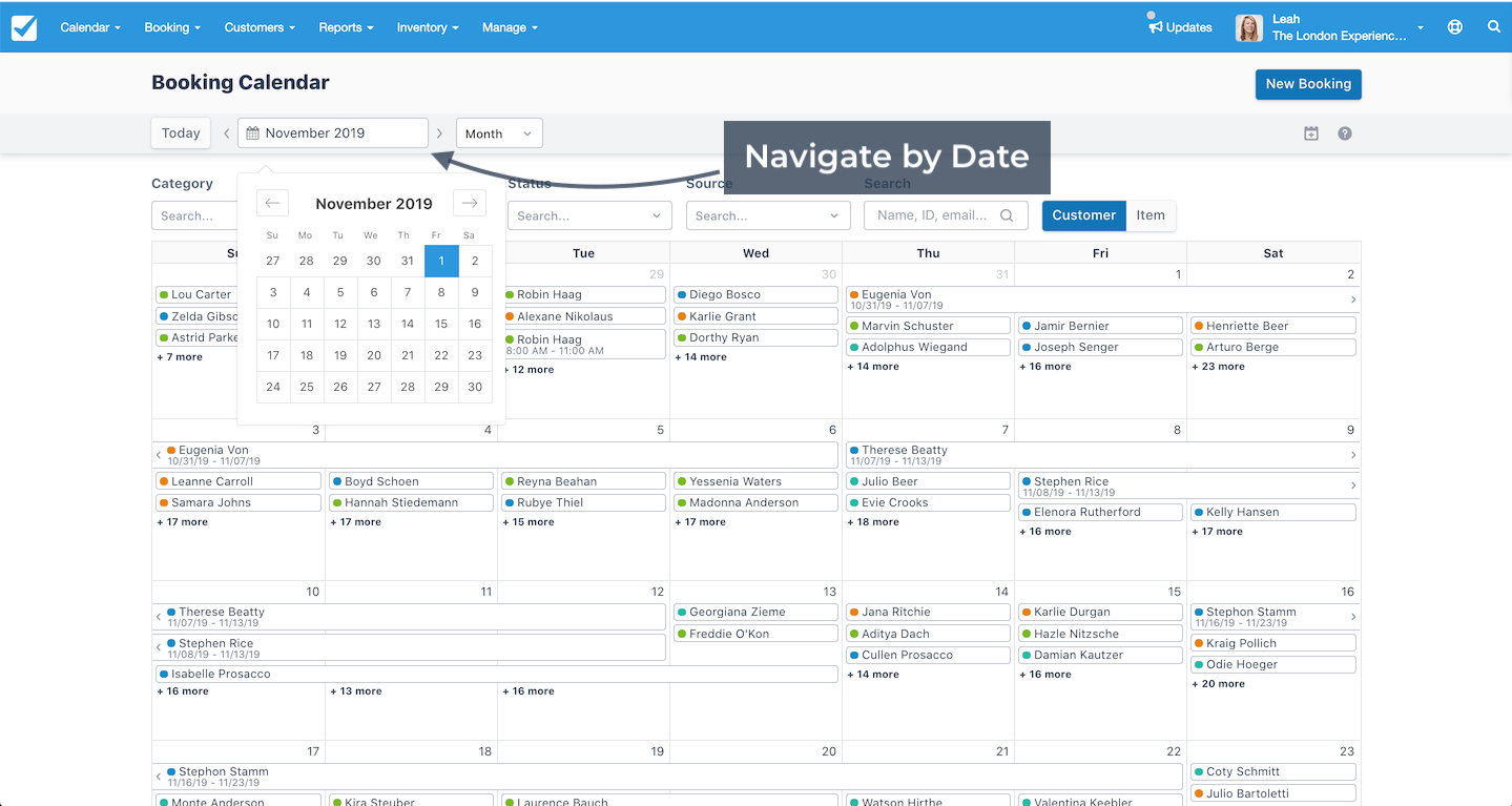 Booking Calendar view highlighting date navigation dropdown open to November 2019 calendar.