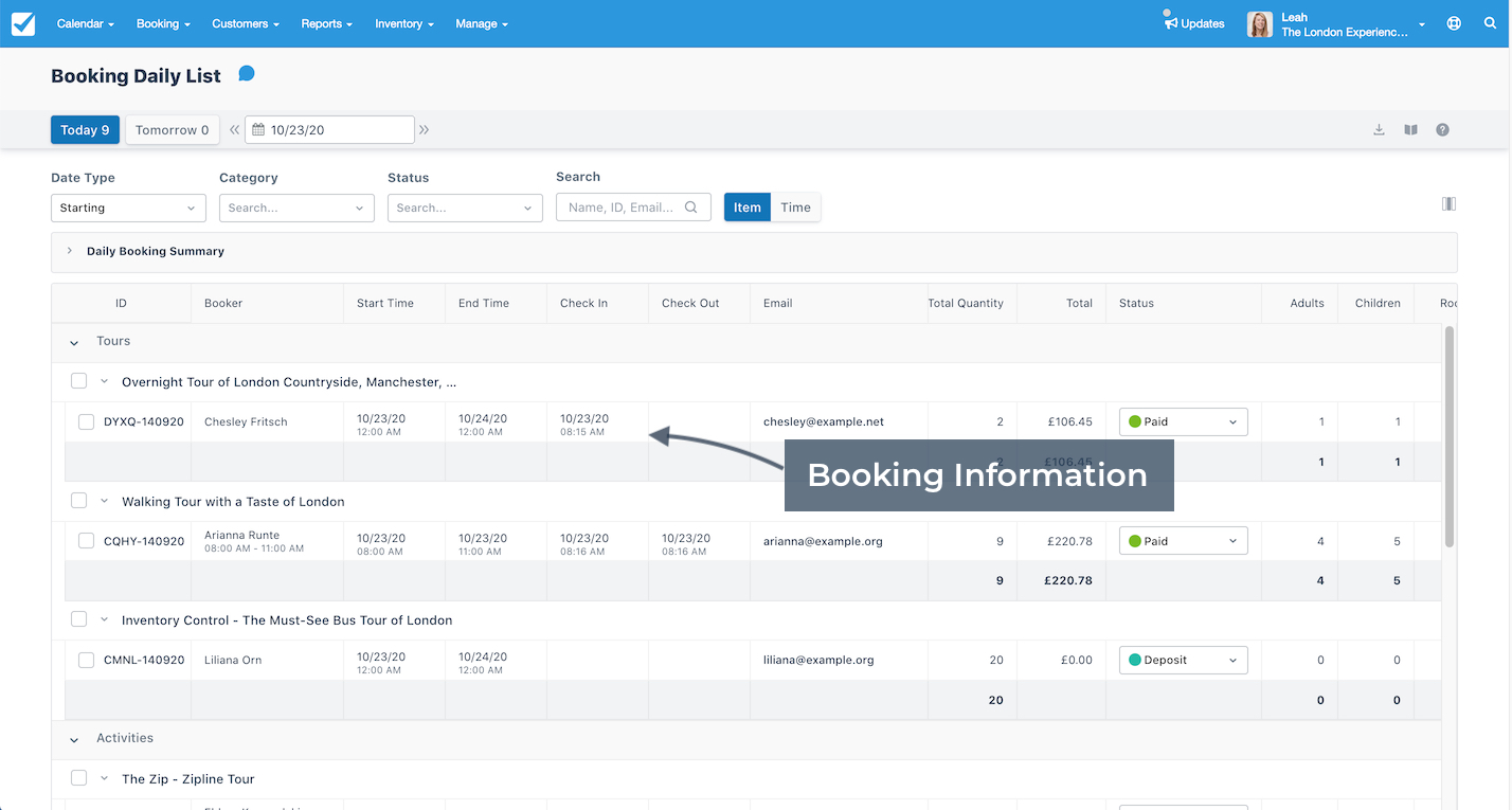 Booking Daily List Booking Information