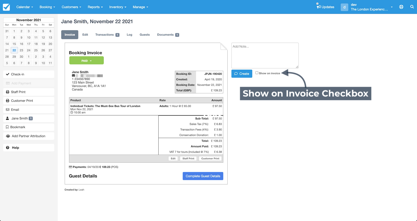 Booking Detail Note on Invoice