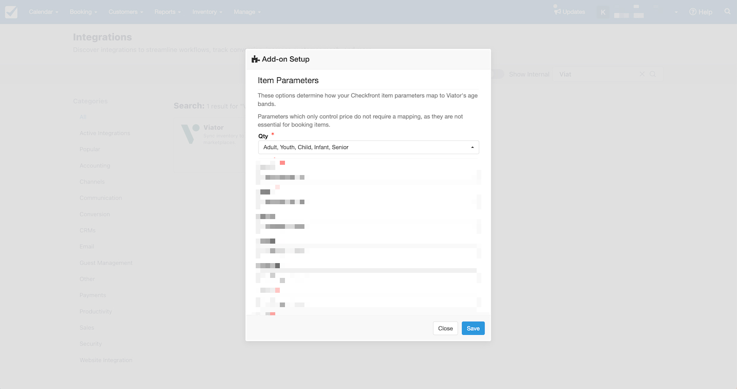 Viator add-on setup window displaying item parameters mapping age bands to Checkfront item parameters for bookings.