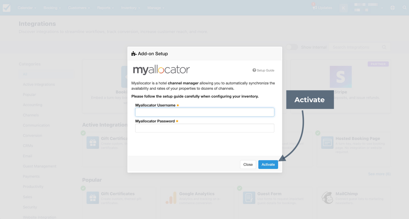 Add-on setup window for Myallocator integration showing fields to enter username and password with the Activate button highlighted.