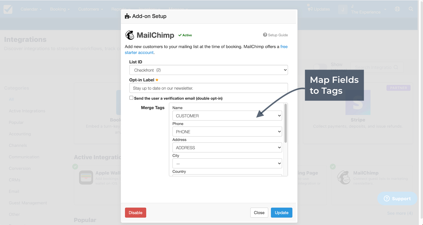 Checkfront Mailchimp add-on setup window highlighting merge tags mapping fields to tags.