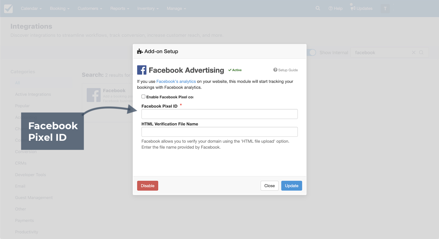 Facebook Advertising add-on setup window highlighting the field to enter the Facebook Pixel ID.