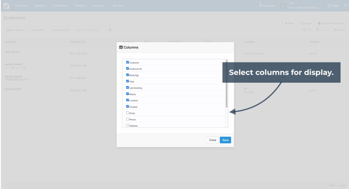 Popup window showing a list of column options with checkboxes to select which customer details to display in the directory.