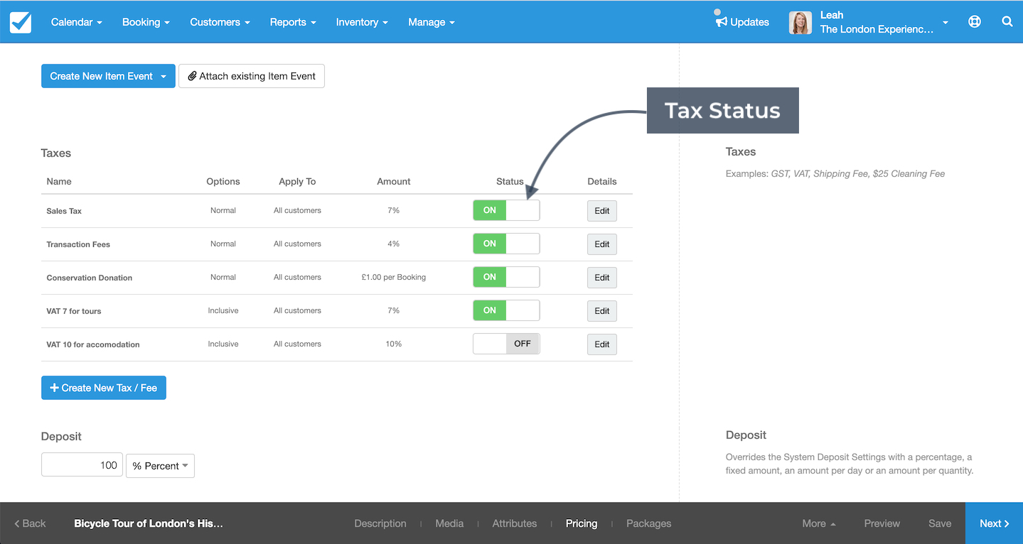 Edit Item Tax Status