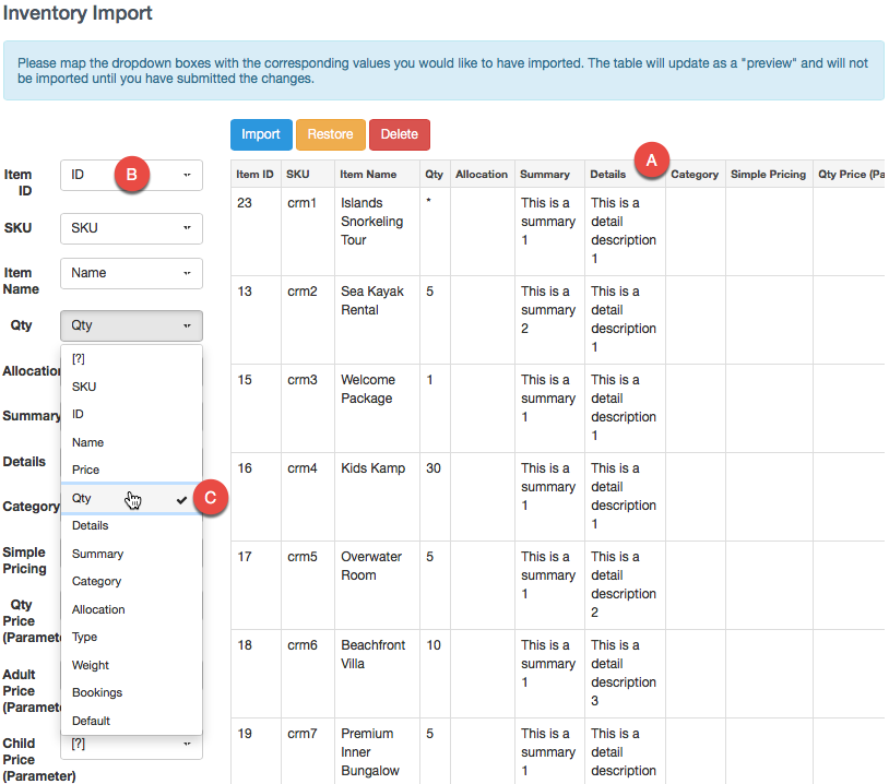Inventory import mapping screen showing a preview of CSV data with dropdowns to match fields such as ID, SKU, name, quantity, allocation, summary, details, and category.