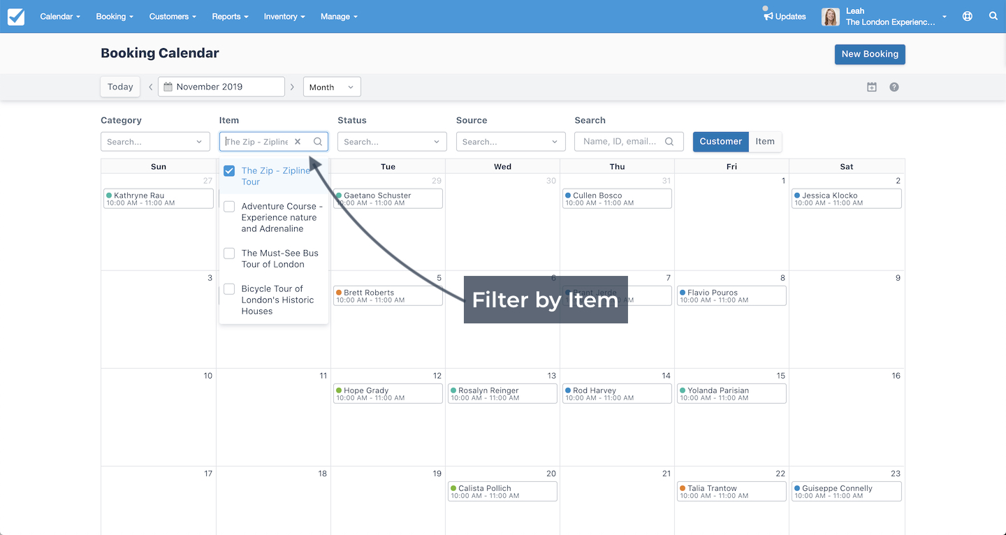 Booking Calendar view showing item filter dropdown with The Zip - Zipline Tour selected.