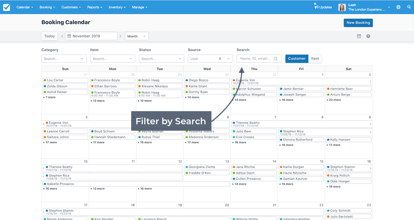 Booking Calendar view with search filter active for finding bookings by name, ID, or email.