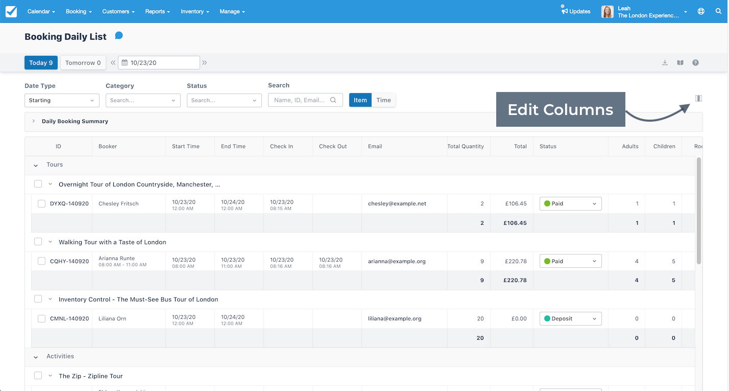 Booking Daily List Edit Columns