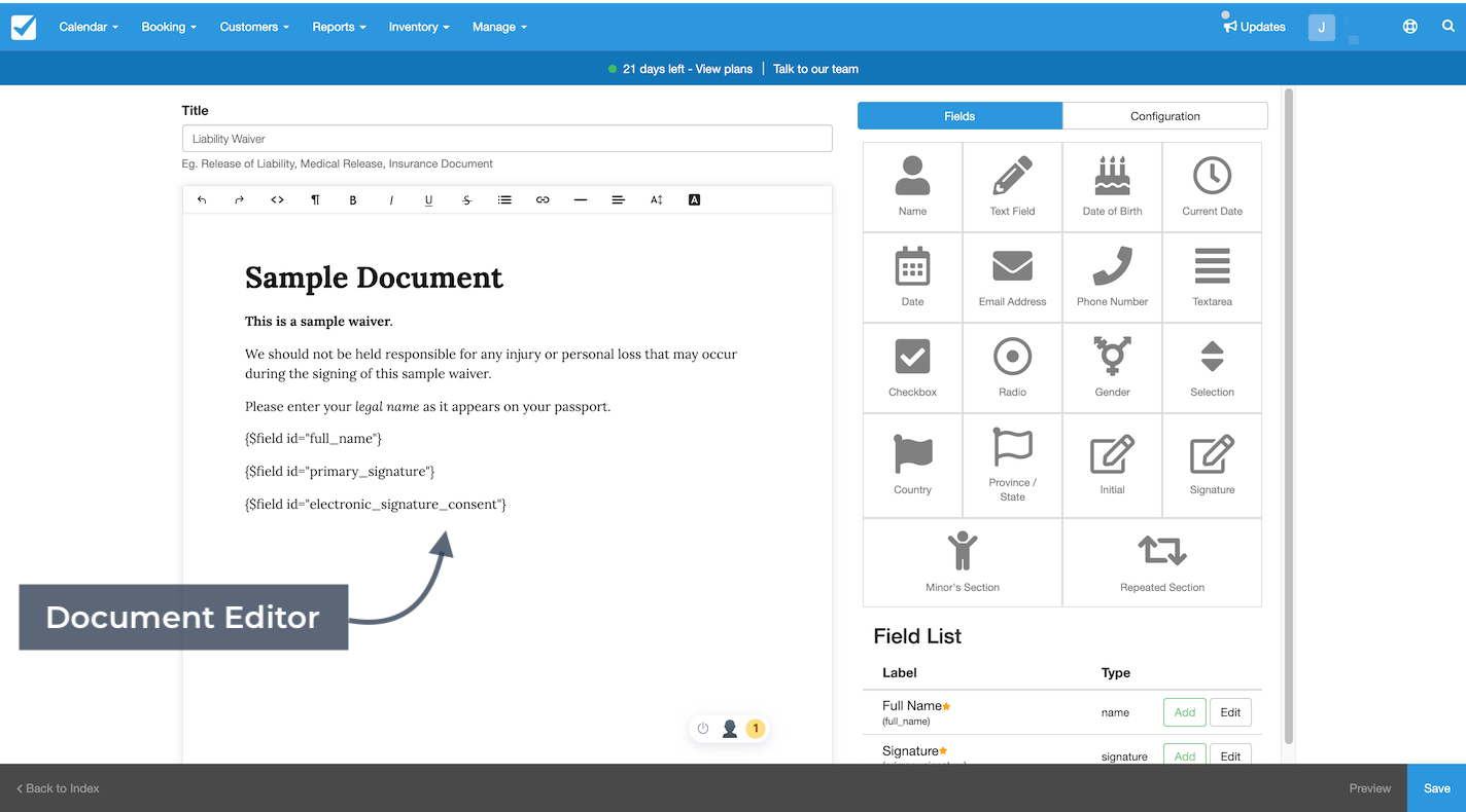 The document editor screen showing a sample waiver with available form fields on the right to build the template.