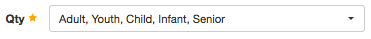 Dropdown field labeled Qty with Adult, Youth, Child, Infant, and Senior as the selected options in the Viator item parameters setup.