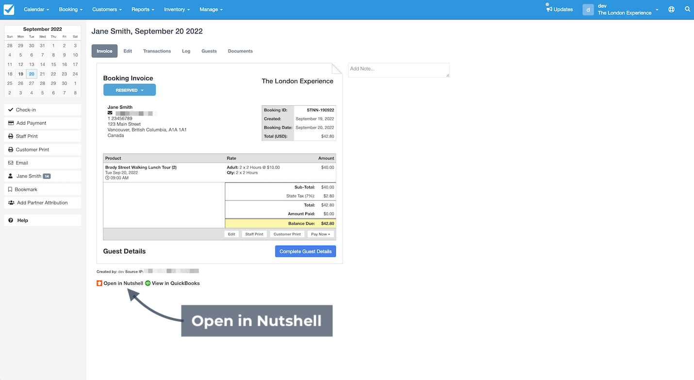 Booking invoice in Checkfront showing guest details, booking ID, tour product, balance due, and option to open the record in Nutshell.