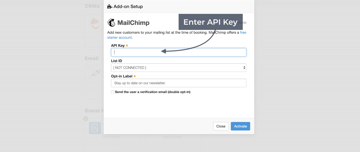 Checkfront Mailchimp add-on setup screen highlighting the API Key entry field.