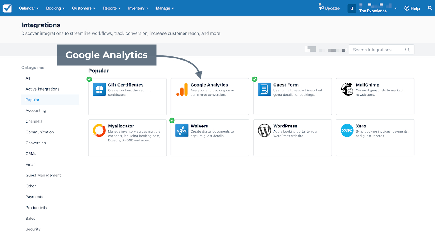 Checkfront integrations page showing Popular category with Google Analytics option highlighted.