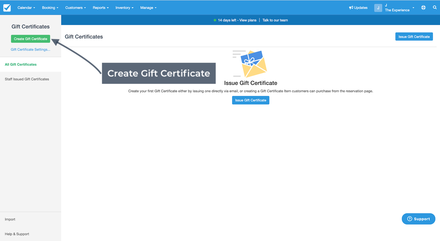 Gift Certificates page in Checkfront with an arrow pointing to the green Create Gift Certificate button on the left menu.