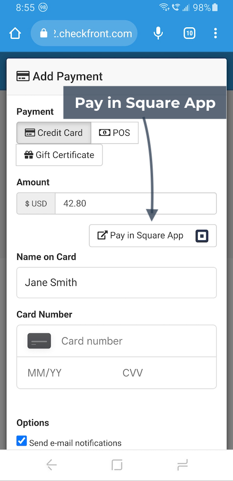 Mobile Add Payment screen showing Pay in Square App selected as the payment method.