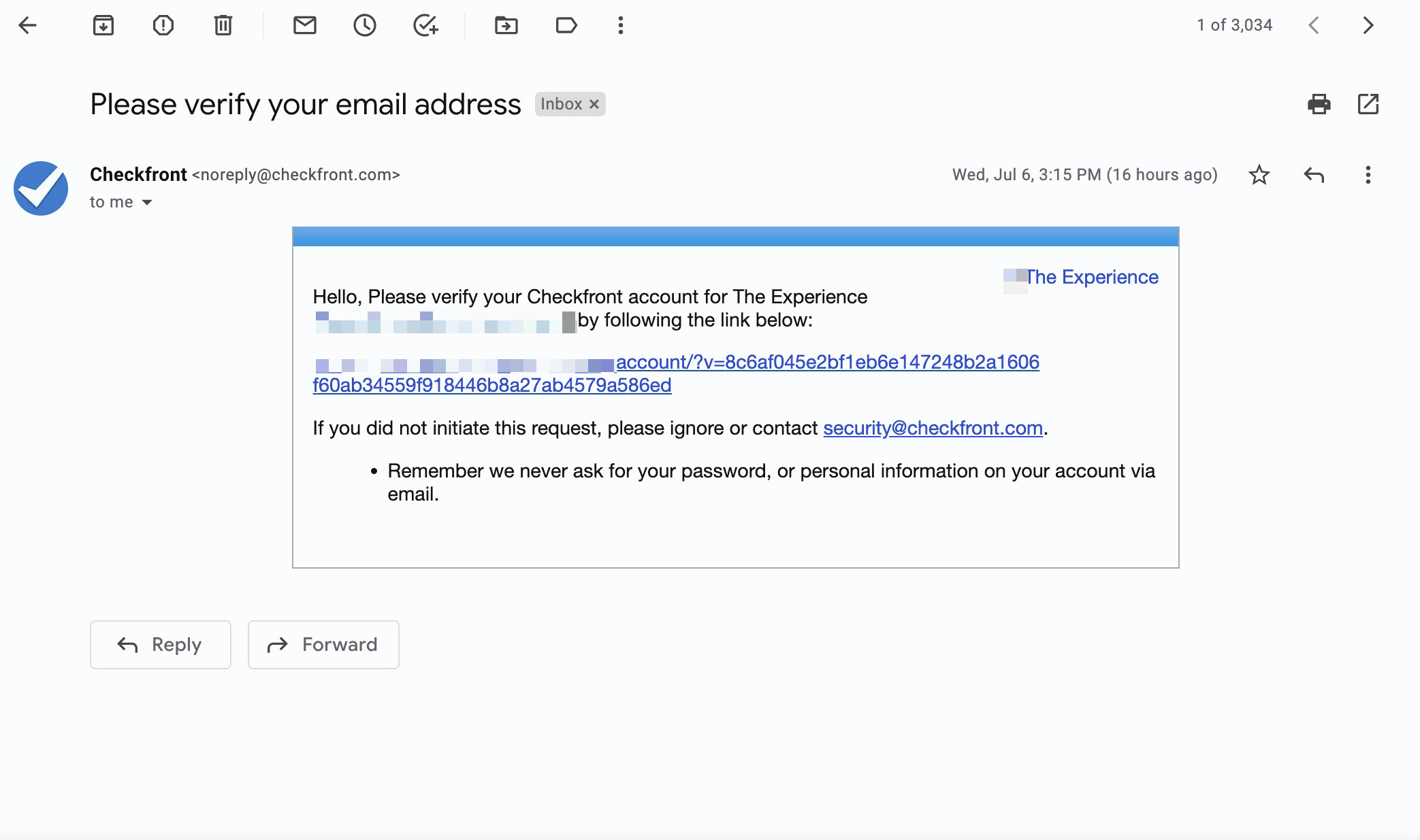 Verification email from Checkfront asking the recipient to confirm their account by following a provided link.