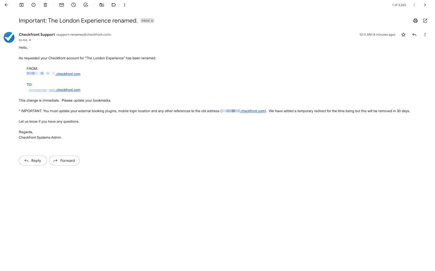 Email from Checkfront notifying that a London Experience account has been renamed with updated login URL details and instructions to update bookmarks and external booking plugins.