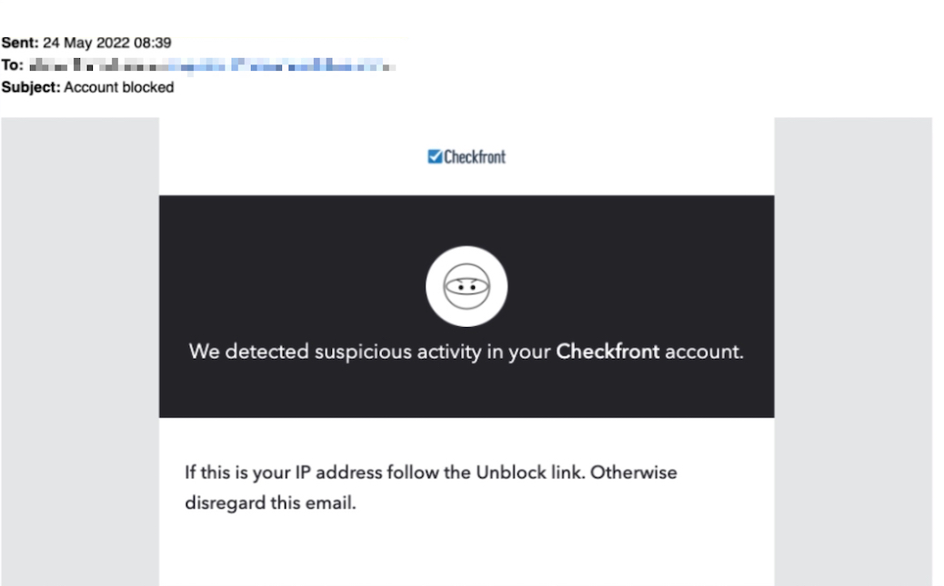 Security email from Checkfront warning that suspicious activity was detected in the account, with instructions to unblock if the IP is recognized.