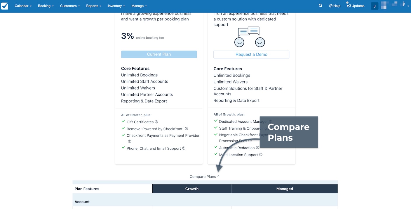 Comparison of subscription plan features with an arrow pointing to the option to compare plans.