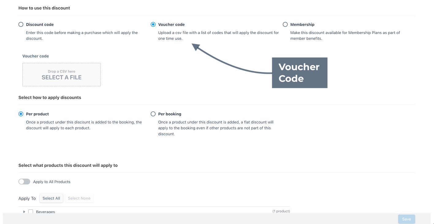 Discount creation screen in Checkfront with the voucher code option selected for uploading codes via CSV.