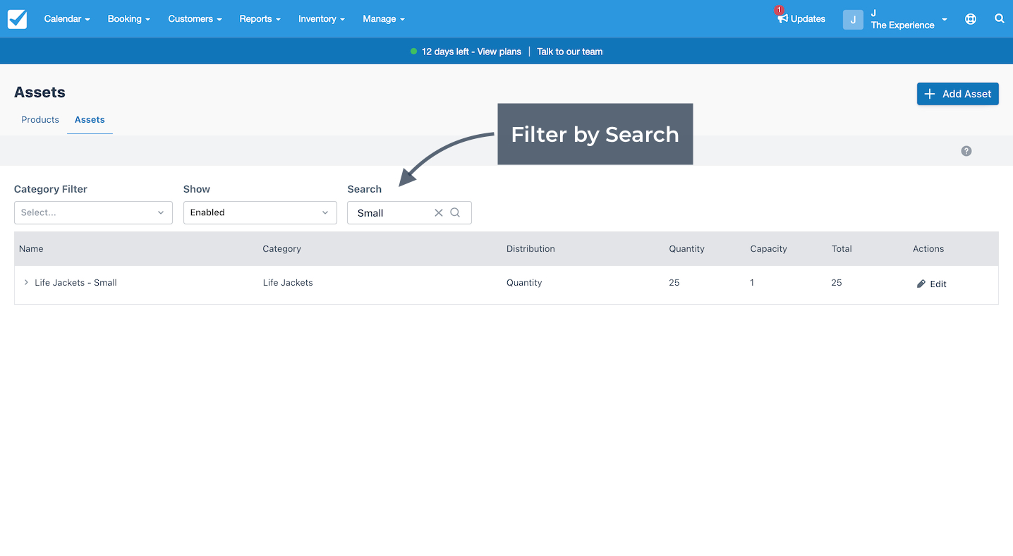 Assets page with Life Jackets filtered by search term Small using the Search bar.