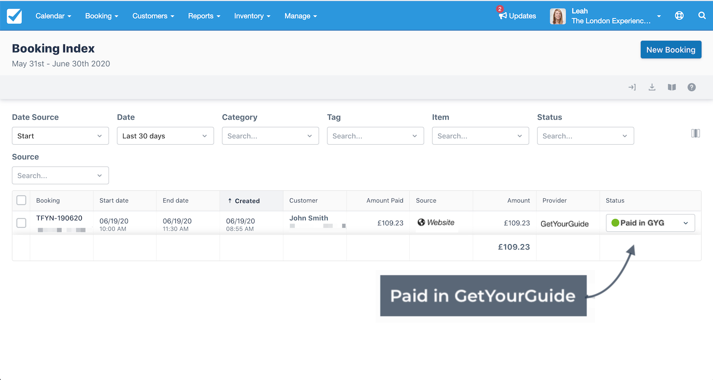Checkfront booking index listing bookings with one entry highlighted showing provider GetYourGuide and status Paid in GYG.