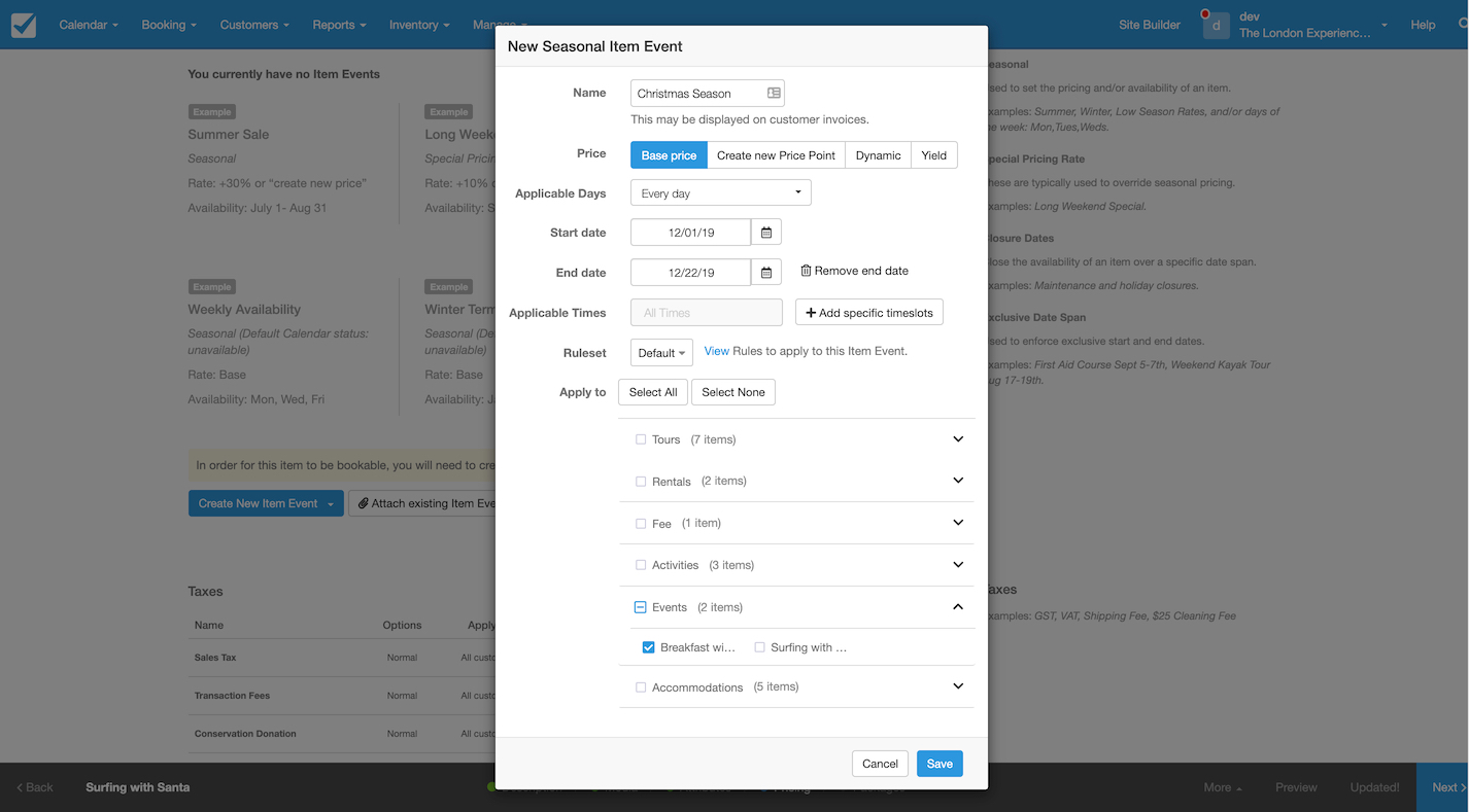 New seasonal item event form with fields for name, price, applicable days, start and end dates, times, ruleset, and apply to section with categories such as tours, rentals, events, and accommodations.
