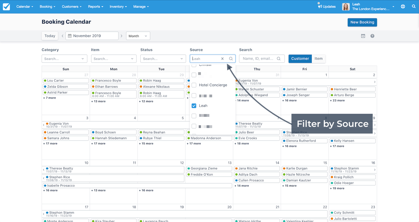 Booking Calendar view displaying filter by source dropdown with Leah chosen as the source.