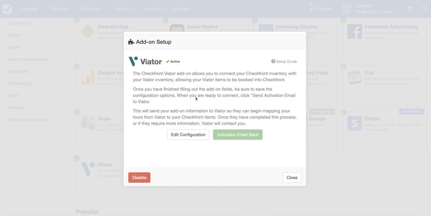 Viator add-on setup window showing the integration marked as active and confirming that the activation email has been sent.