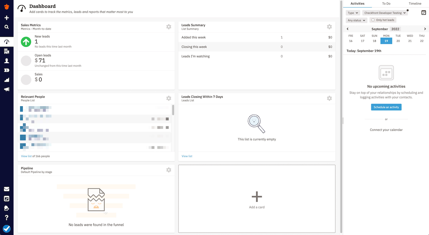 Nutshell dashboard displaying sales metrics, leads summary, pipeline status, relevant people, and activities panel with calendar.