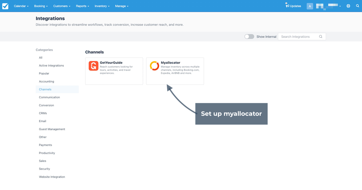 Checkfront integrations page displaying channels section with Myallocator tile highlighted for setup.