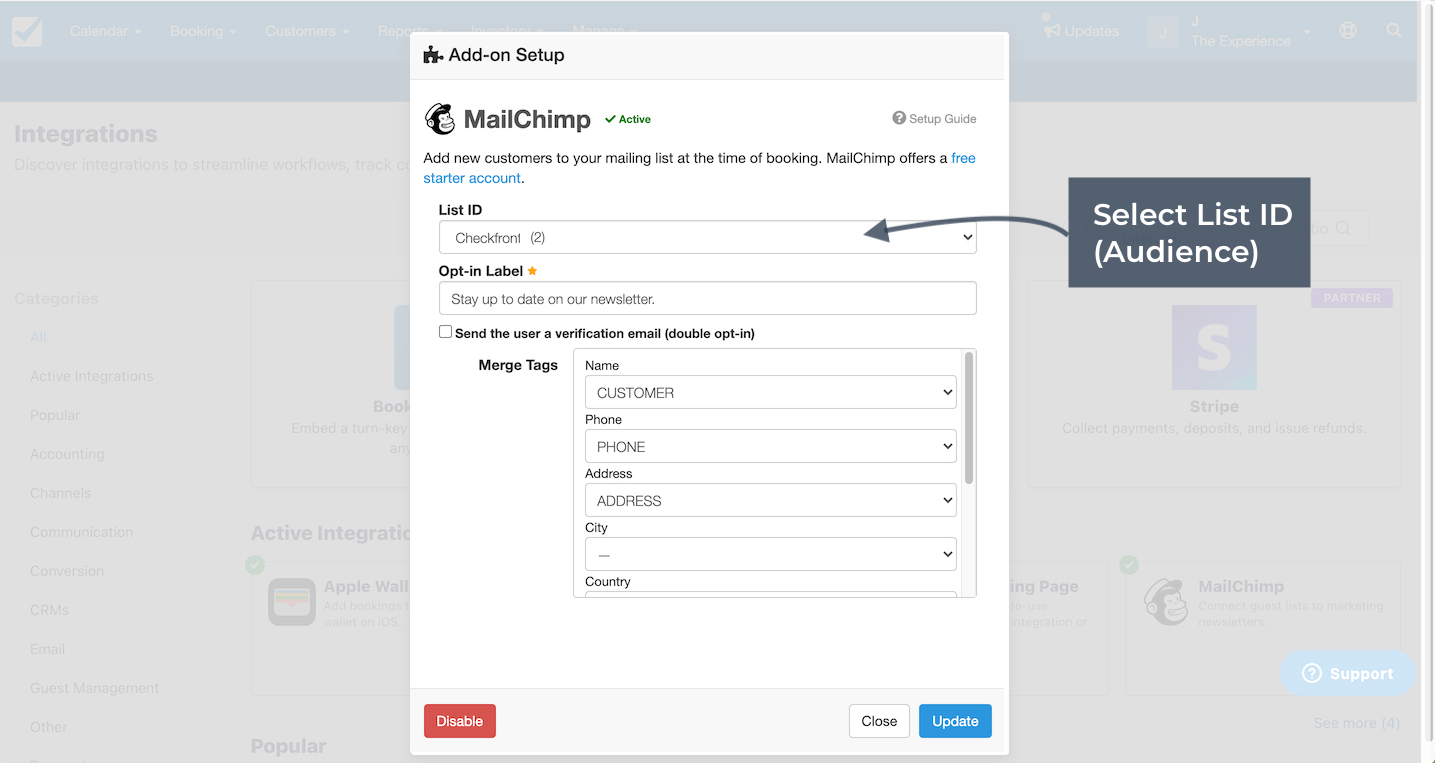 Checkfront Mailchimp add-on setup window highlighting the List ID selection for audience.