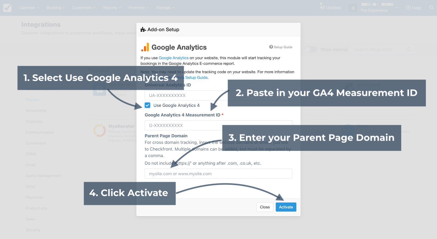 Checkfront Google Analytics add-on setup window with fields to enter GA4 Measurement ID, parent page domain, and activate integration.