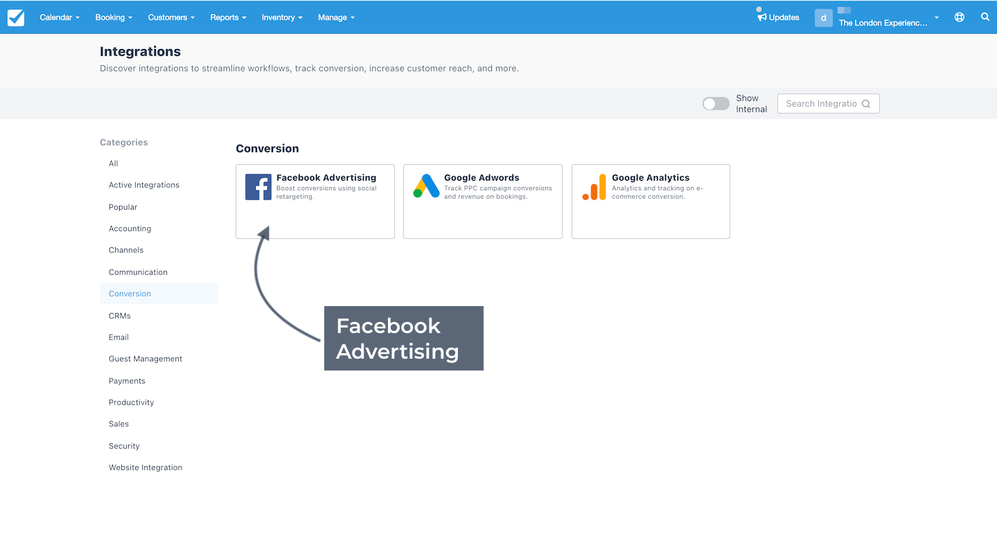 Checkfront integrations page highlighting the Facebook Advertising add-on under Conversion.